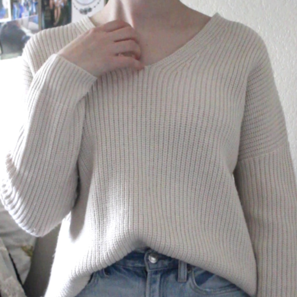 Cream V-Neck Knit Sweater